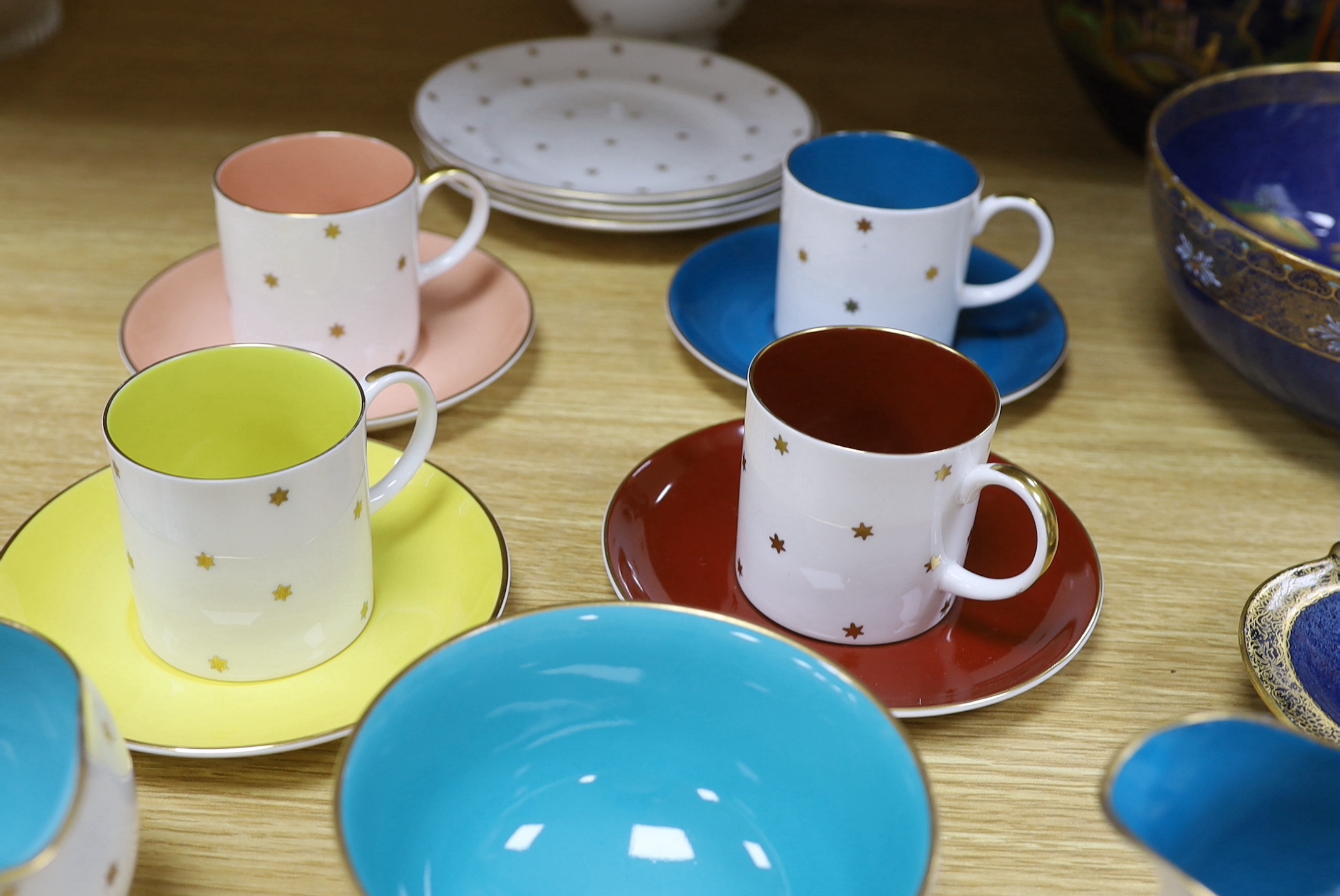 A Carlton ware powder blue jardiniere, similar bowl and oval dish with Oriental design together with a Susie Cooper part tea and coffee set, largest 19cm high